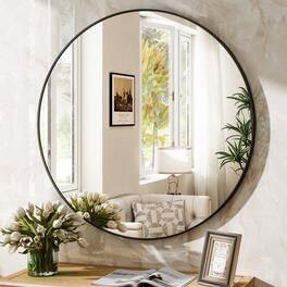 Easly - 30 in. W x 30 in. H Round Aluminum Alloy Frame Vanity Wall Mirror - Black