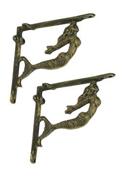 Zeckos - Cast Iron Swimming Mermaid Wall Shelf Bracket Coastal Decor Set of 2 - Bronze