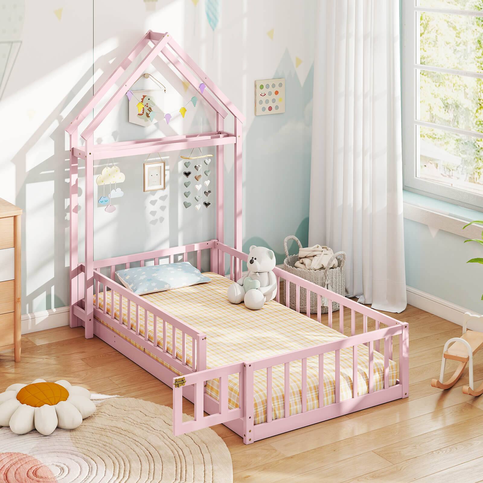 Alt View 1. Costway - Costway Twin Size House Floor Bed with House-shaped Headboard Clothes Hanger without Slats Pink - Pink.