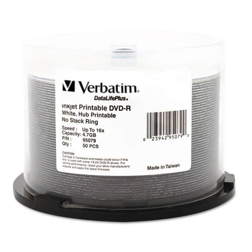 Verbatim
DataLifePlus
Inkjet Printable DVD-R
White, Hub Printable
No Stack Ring
Speed: Up To 16x
Capacity: 4.7GB
P/N: 95079
Qty: 50 PCS
CAUTION: Damage of hardware or media could occur if this is used with some 1X/2X DVD-R drives. For performance check your drive manufacturer's website and apply the latest firmware.
Made in Taiwan