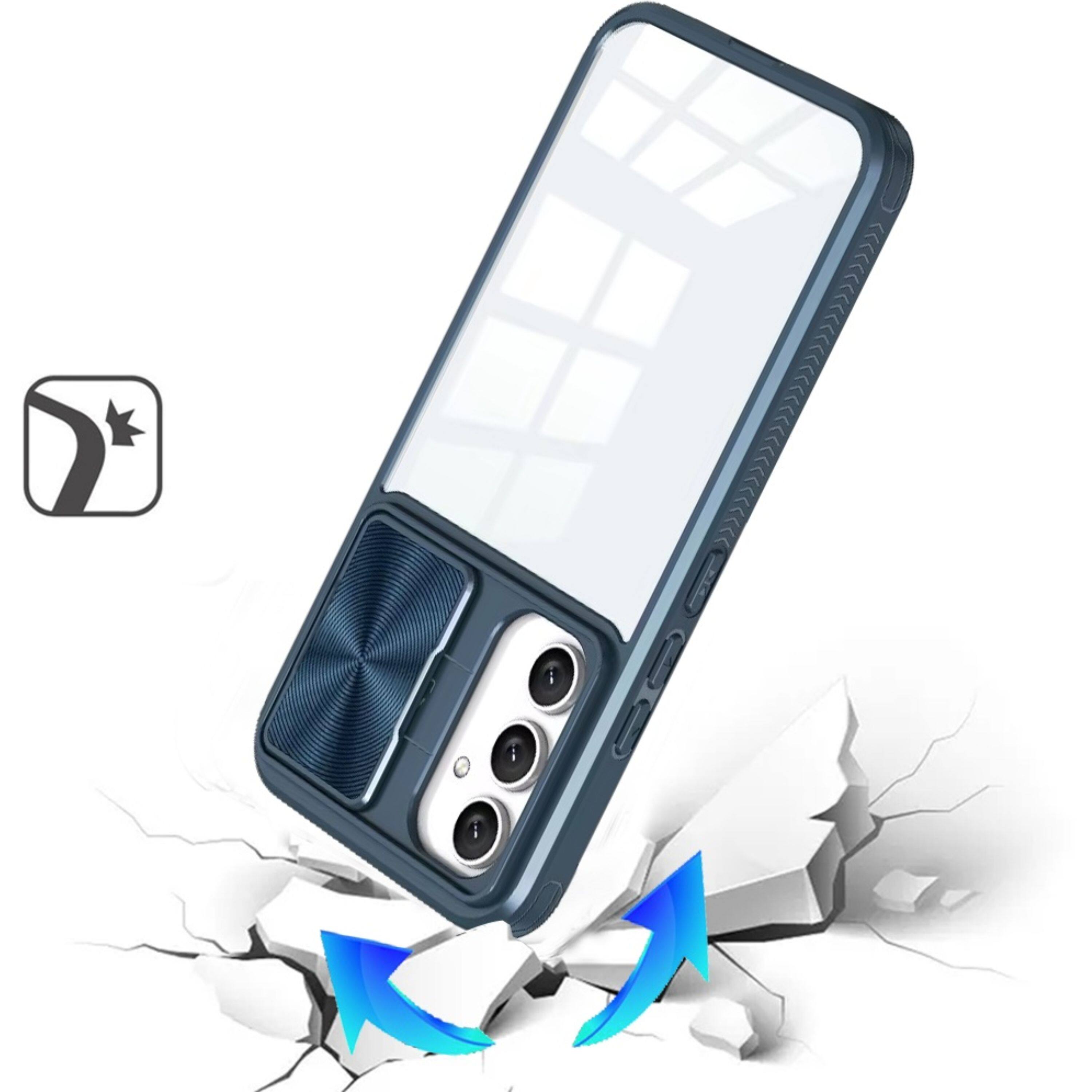 Left. Kitcheniva - Heavy-Duty Rear Lens Slider Rugged Hybrid Case With Tempered Glass For Samsung Galaxy A37 Blue - Blue.