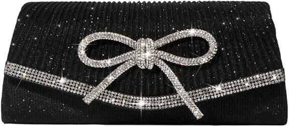 Front. Vulpecula Spade - Bow Evening Bag Sparkly Clutch Purses for Women Wedding Glitter Rhinestone Party Prom Purse Dressy Clutch Bags - Black.