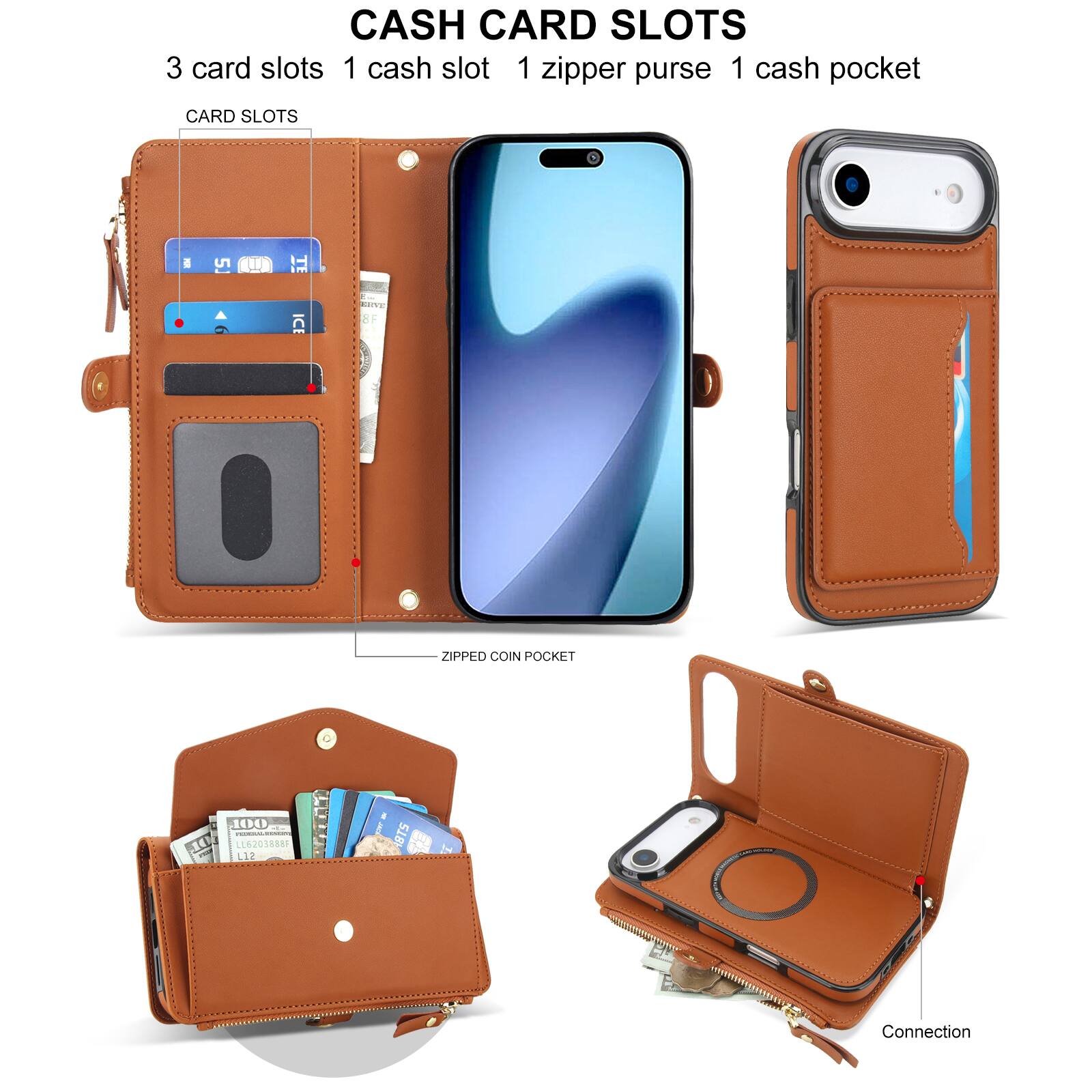 CASH CARD SLOTS  
3 card slots  
1 cash slot  
1 zipper purse  
1 cash pocket  

CARD SLOTS  
5  

ZIPPED COIN POCKET  

LL62038885  
12 A8TS  

Connection
