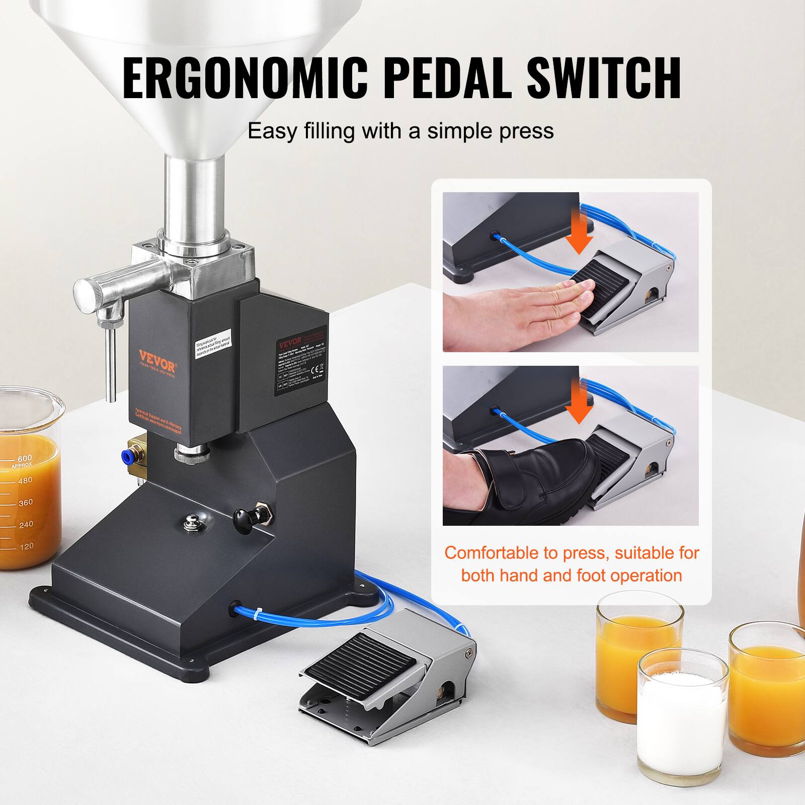 ERGONOMIC PEDAL SWITCH  
Easy filling with a simple press  

VEVOR FEYOR C5  
600  
350  
240  
120  

Comfortable to press, suitable for both hand and foot operation