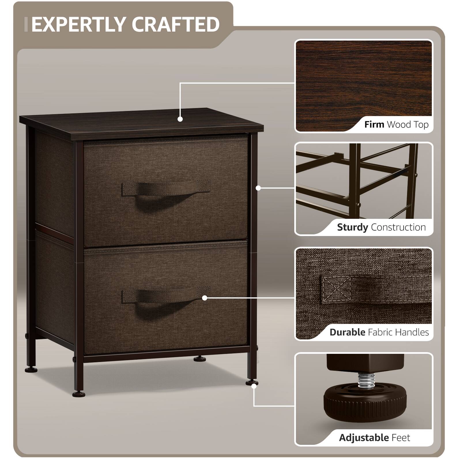 EXPERTLY CRAFTED

- Firm Wood Top
- Sturdy Construction
- Durable Fabric Handles
- Adjustable Feet