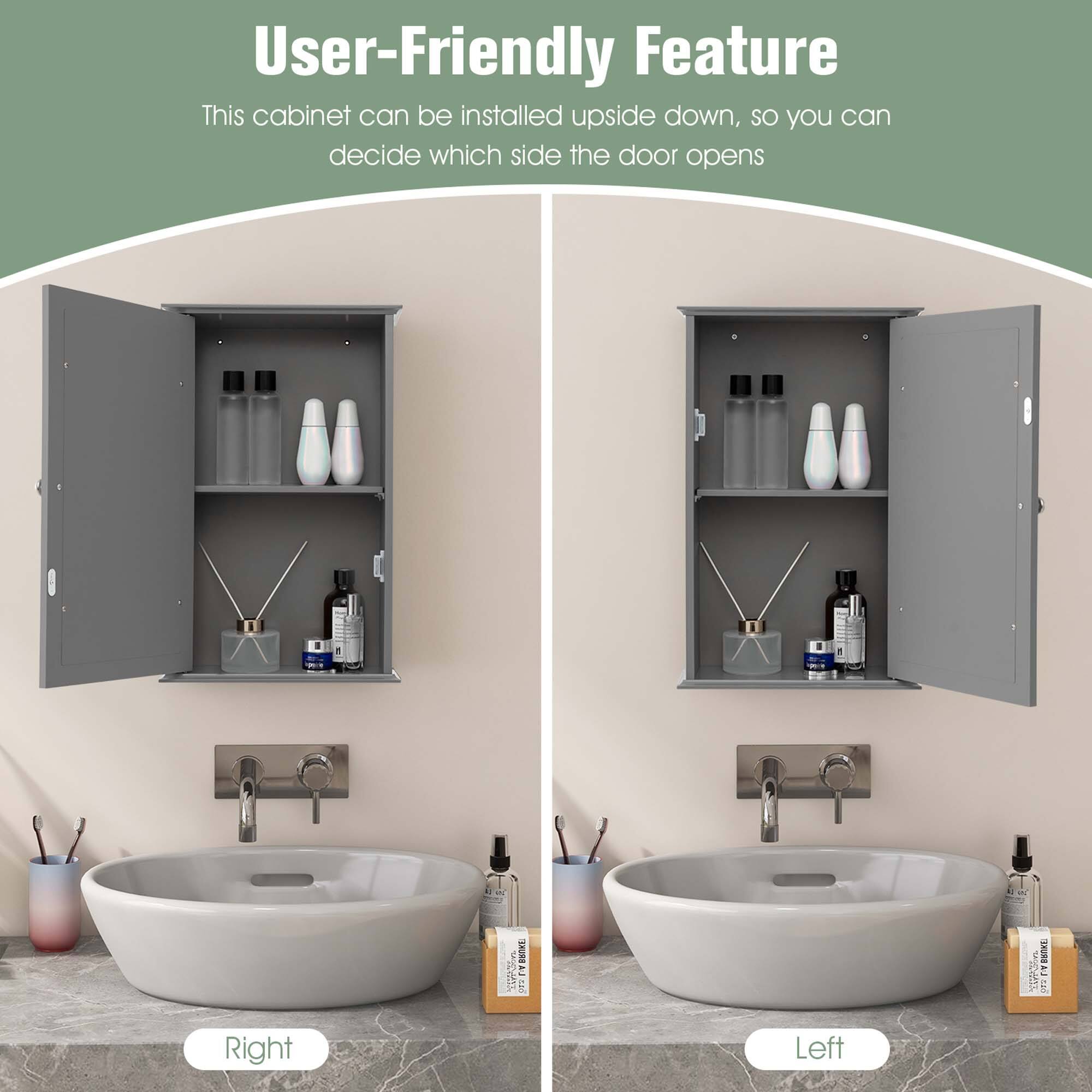 User-Friendly Feature  
This cabinet can be installed upside down, so you can decide which side the door opens  

Right  
Left