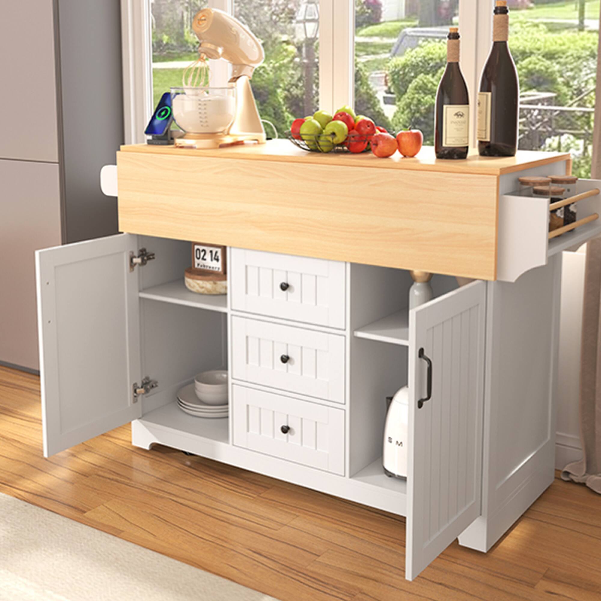 Alt View 10. ELEMENT ACE - Multifunctional Kitchen Island Cart with Drop Leaf Extensions, Power Outlets, and Ample Storage for Modern Kitchens - White.