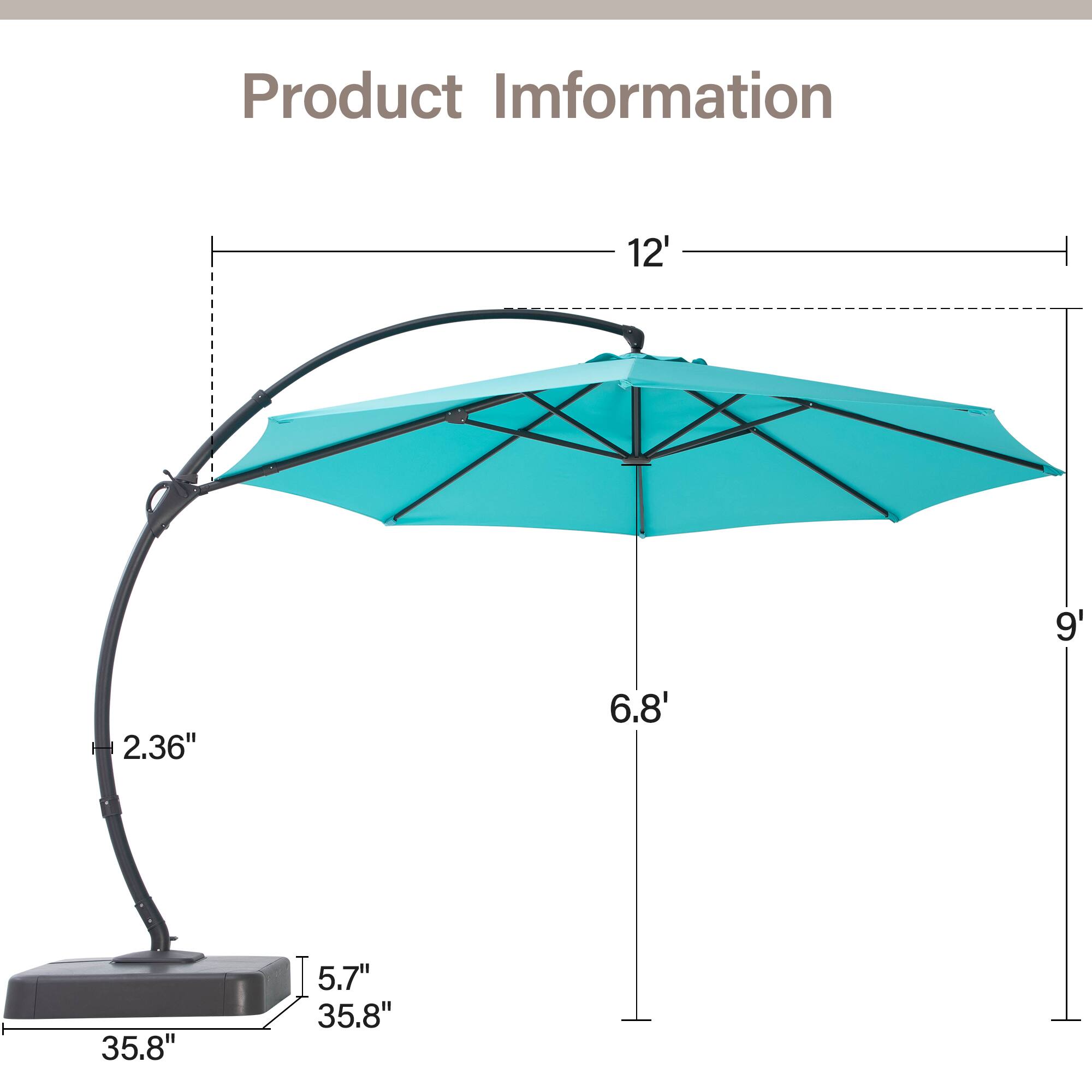 Decksplore - Outdoor Patio Umbrellas with Base, Upgraded 12FT Curvy Aluminum Offset Cantilever Umbrella - Turquoise