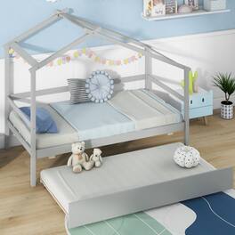 Gymax - Twin House Bed w/ Trundle w/ Roof & Fence Rails Wooden Platform Bed Frame Grey - Gray