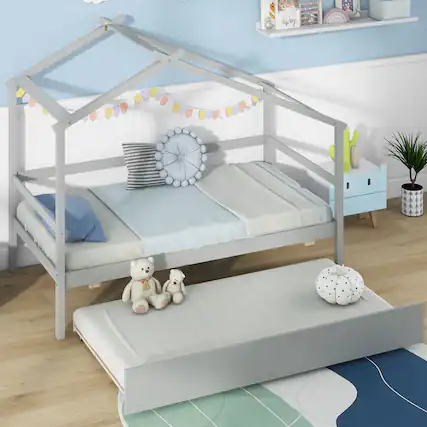 Front. Gymax - Gymax Twin House Bed w/ Trundle w/ Roof & Fence Rails Wooden Platform Bed Frame Grey - Grey.