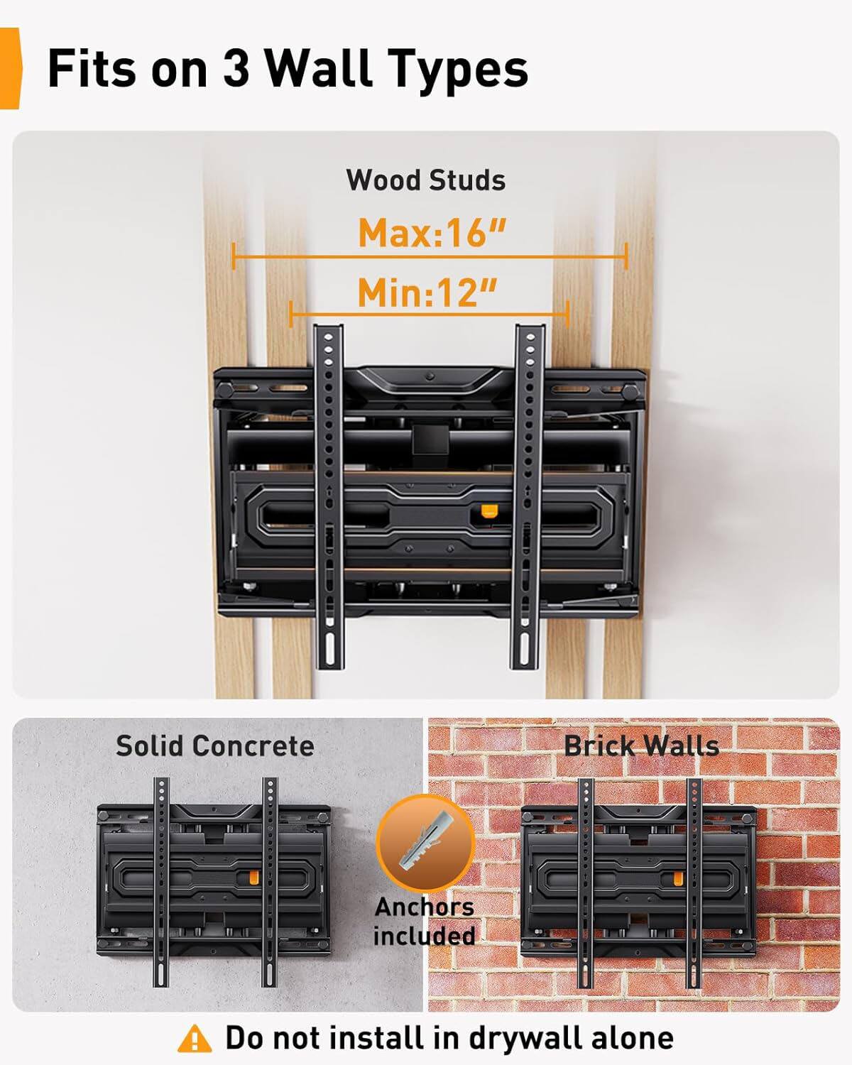 Fits on 3 Wall Types

Wood Studs
Max: 16"
Min: 12"

Solid Concrete
Brick Walls

Anchors included

Do not install in drywall alone