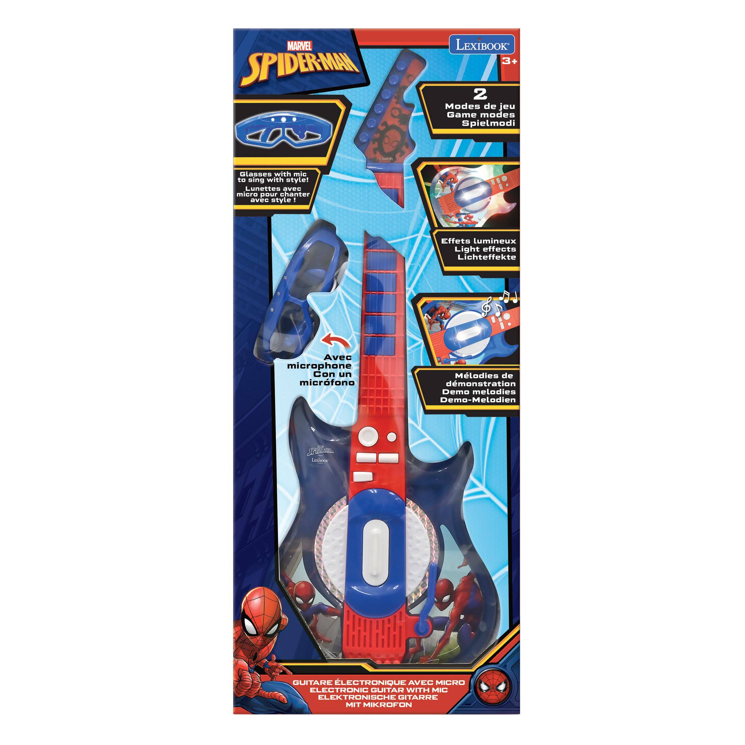 MARVEL SPIDER-MAN  
LEXIBOOK 3+  
2 Modes de jeu / Game modes / Spielmodi  
Glasses with mic to sing with style! / Lunettes avec micro pour chanter avec style!  
Effets lumineux / Light effects / Lichteffekte  
Avec microphone / Con un micrófono  
Melodies de démonstration / Demo melodies / Demo-Melodien  
GUITARE ÉLECTRONIQUE AVEC MICRO / ELECTRONIC GUITAR WITH MIC / ELEKTRONISCHE GITARRE MIT MIKROFON