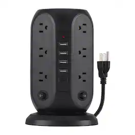 Stock Preferred - 17-in-1 Tower Power Strip with 12 AC Outlets, 5 USB Ports - Black