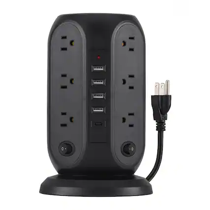 Front. Stock Preferred - 17-in-1 Tower Power Strip with 12 AC Outlets, 5 USB Ports Black - Black.
