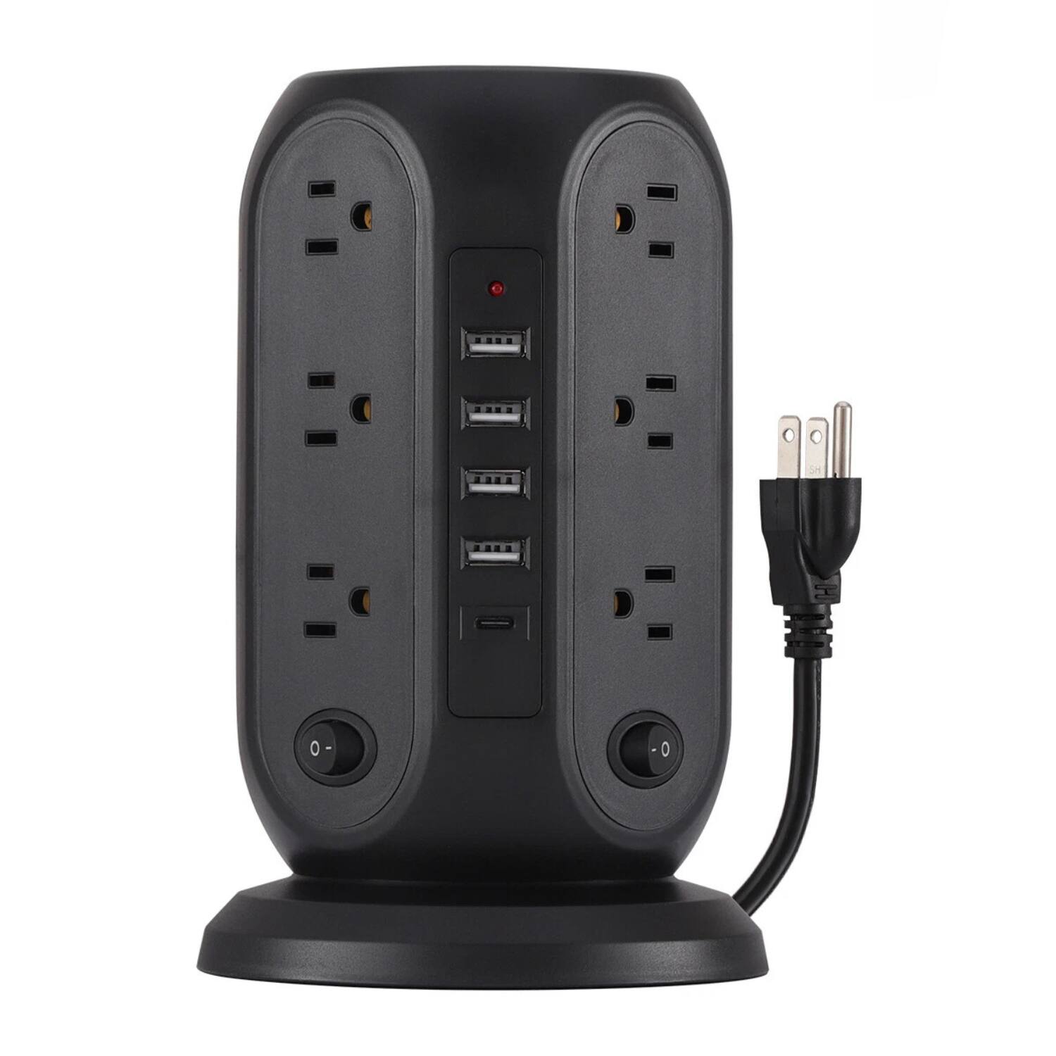 Front. Stock Preferred - 17-in-1 Tower Power Strip with 12 AC Outlets, 5 USB Ports Black - Black.