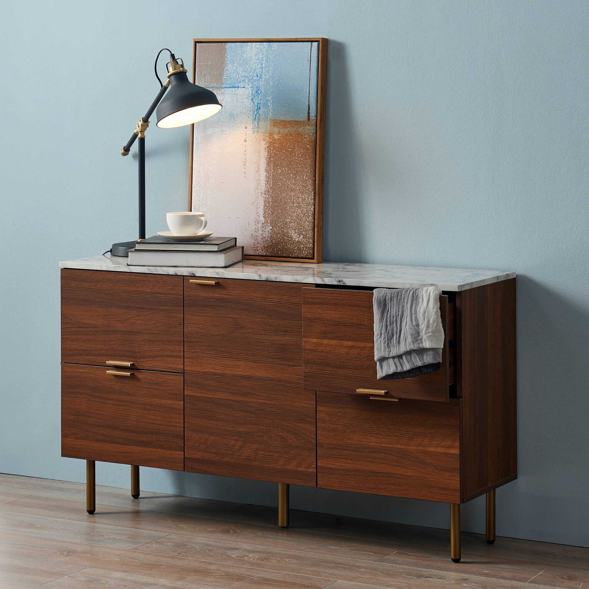 Back. Teamson Home - Ashton Sideboard Storage Cabinet with Faux Marble Top - Brown.