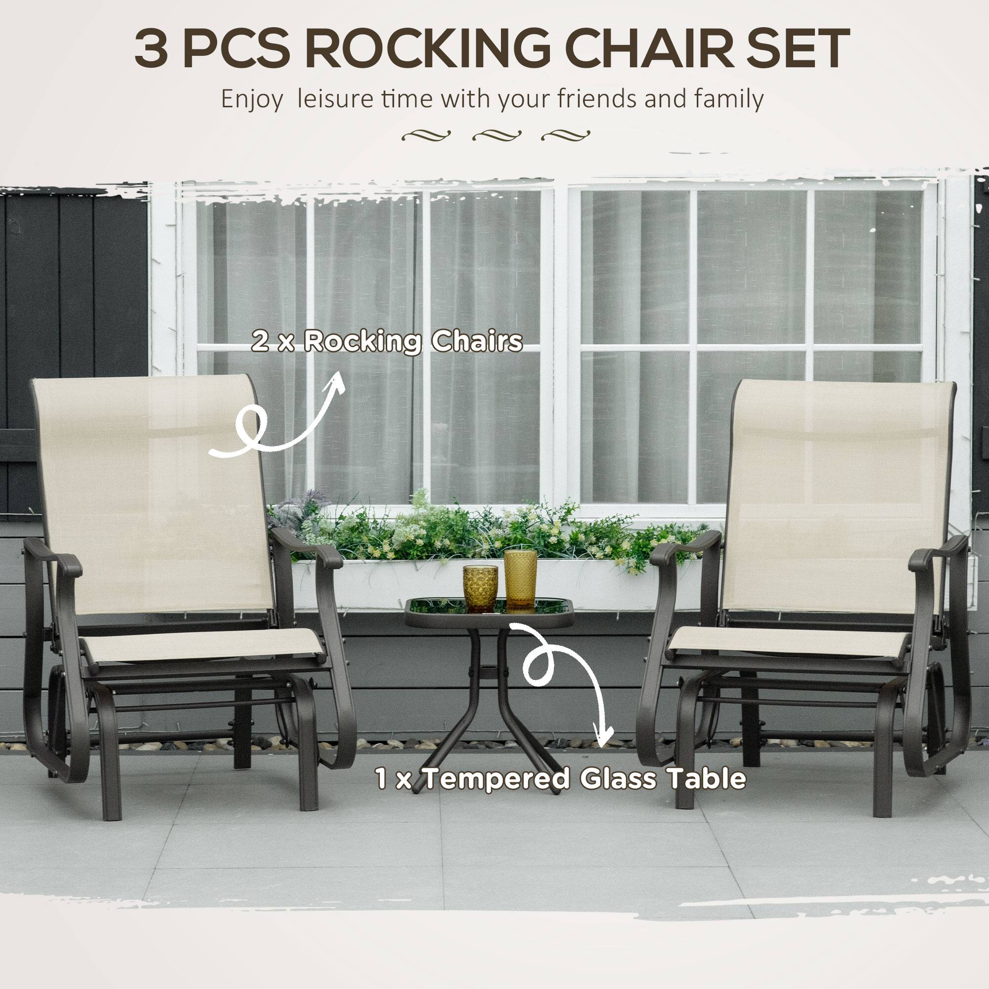 3 PCS ROCKING CHAIR SET
Enjoy leisure time with your friends and family
2 x Rocking Chairs
1 x Tempered Glass Table