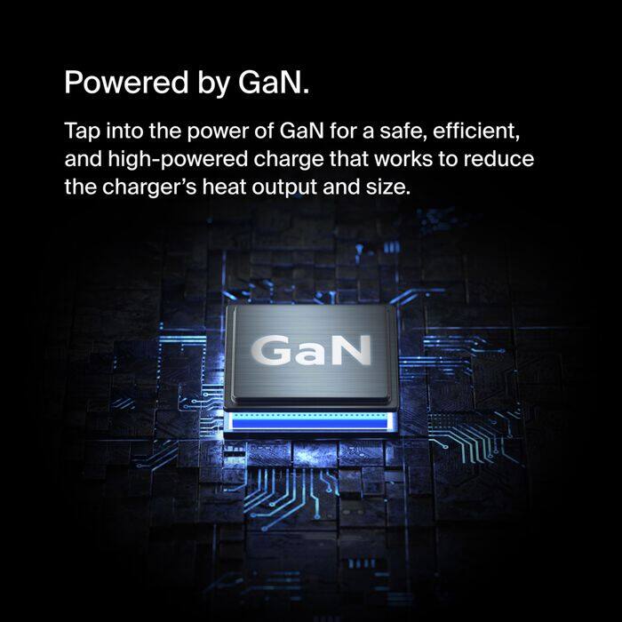 Powered by GaN.  
Tap into the power of GaN for a safe, efficient, and high-powered charge that works to reduce the charger's heat output and size.