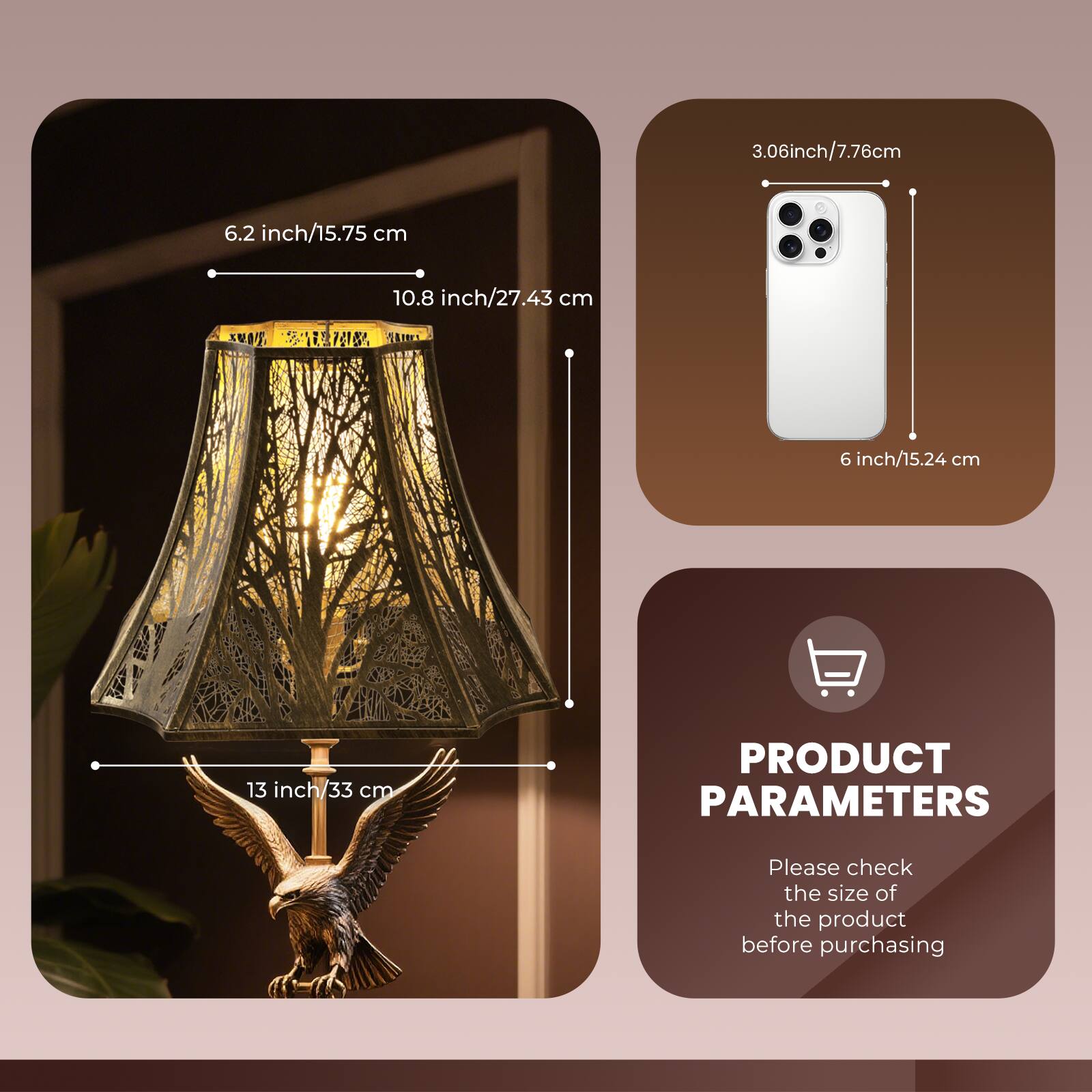 3.06inch/7.76cm, 6.2 inch/15.75 cm, 10.8 inch/27.43 cm, 13 inch/33 cm, 6 inch/15.24 cm, PRODUCT PARAMETERS, Please check the size of the product before purchasing