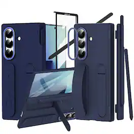 Dteck - For Samsung Galaxy Z Fold8 Ultra Case Built-in Screen Protector Shockproof Pen Slot Silicone Wristband Hinge Cover+Pen - Blue