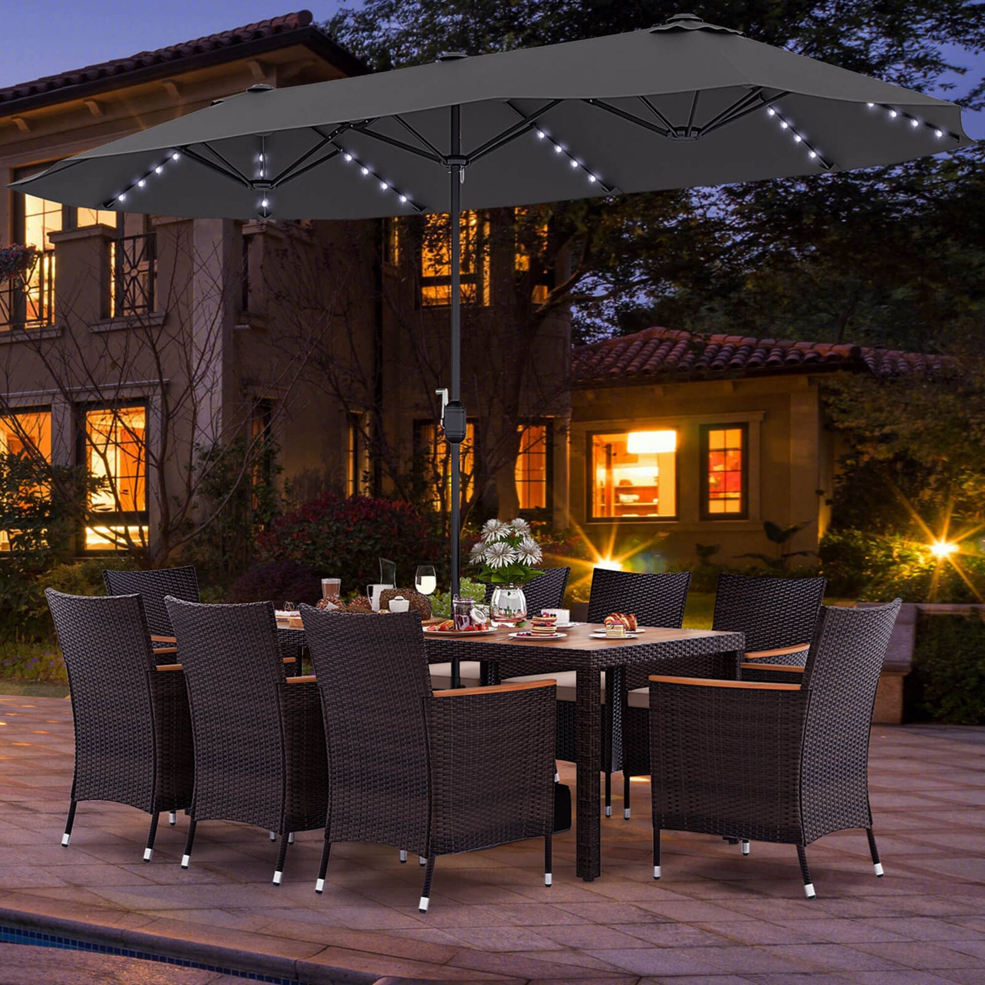 Alt View 4. Costway - 11 PCS Patio Dining Set with 15ft Double-Sided Patio Umbrella (Base Included) - Mix Brown + Grey.