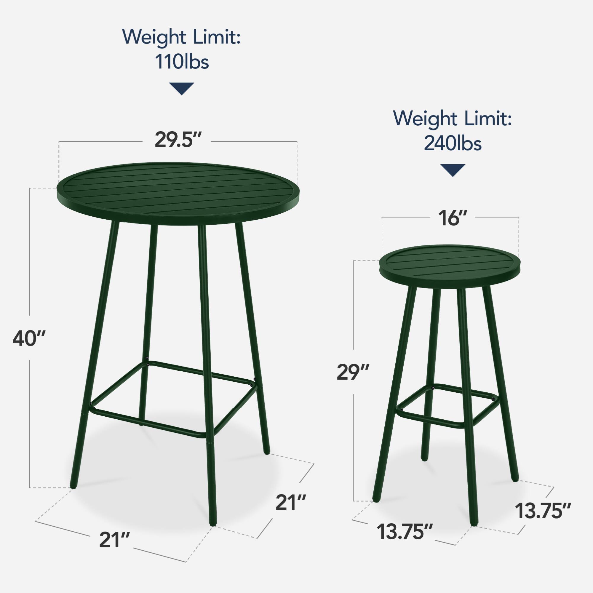 Weight Limit: 110lbs  
29.5"  
40"  
21"  

Weight Limit: 240lbs  
16"  
29"  
21"  
13.75"  
13.75"