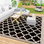 Front. Outsunny - Reversible Outdoor Rug, 9' x 12' Waterproof Plastic Straw Floor Mat, Portable RV Camping Carpet - Black, Beige.