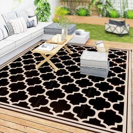 Outsunny - Reversible Outdoor Rug, 9' x 12' Waterproof Plastic Straw Floor Mat, Portable RV Camping Carpet - Black, Beige