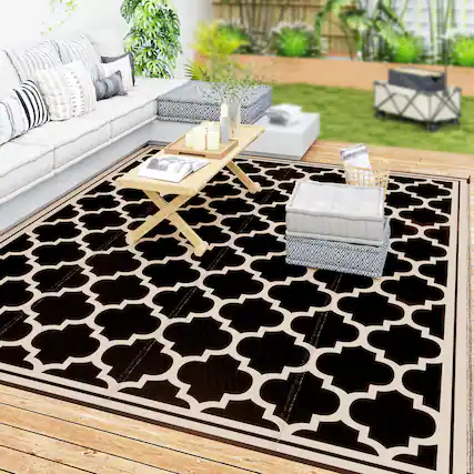 Front. Outsunny - Reversible Outdoor Rug, 9' x 12' Waterproof Plastic Straw Floor Mat, Portable RV Camping Carpet - Black, Beige.