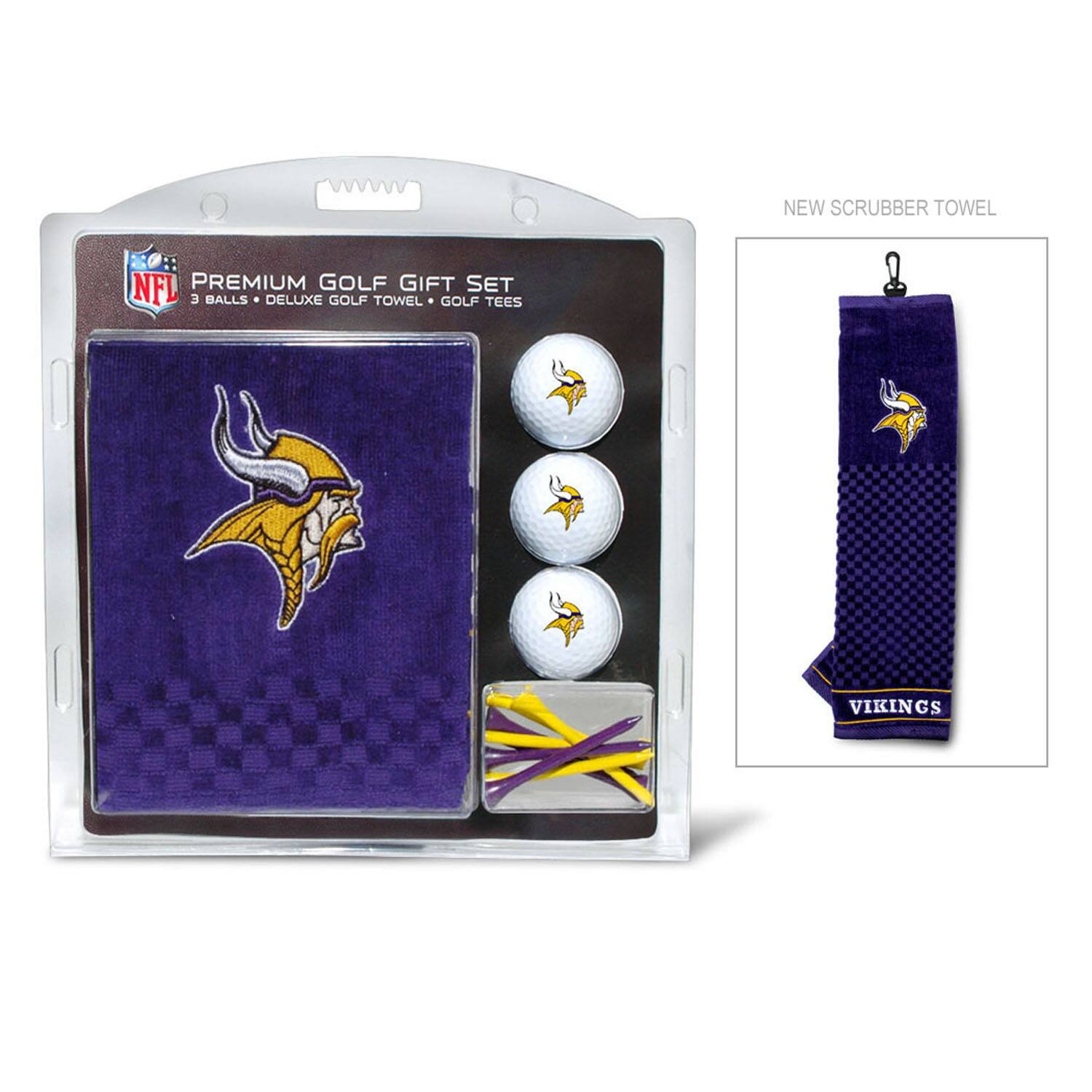 NEW SCRUBBER TOWEL  
NFL PREMIUM GOLF GIFT SET  
3 BALLS • DELUXE GOLF TOWEL • GOLF TEES  
VIKINGS