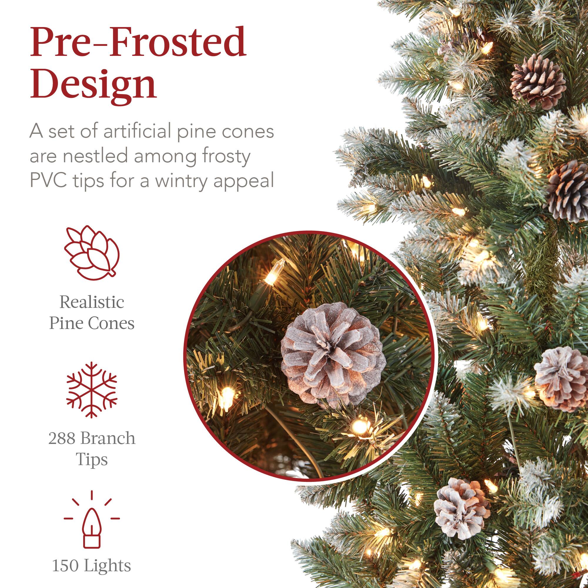 Pre-Frosted Design

A set of artificial pine cones are nestled among frosty PVC tips for a wintry appeal

- Realistic Pine Cones
- 288 Branch Tips
- 150 Lights