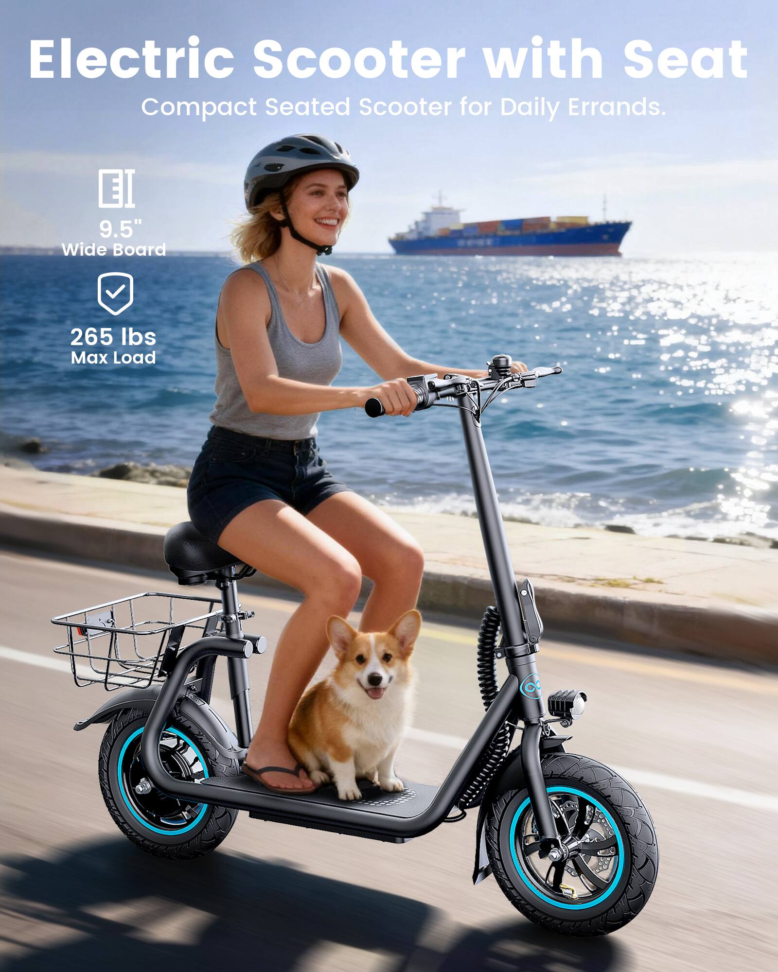 Electric Scooter with Seat  
Compact Seated Scooter for Daily Errands.  
9.5" Wide Board  
265 lbs Max Load