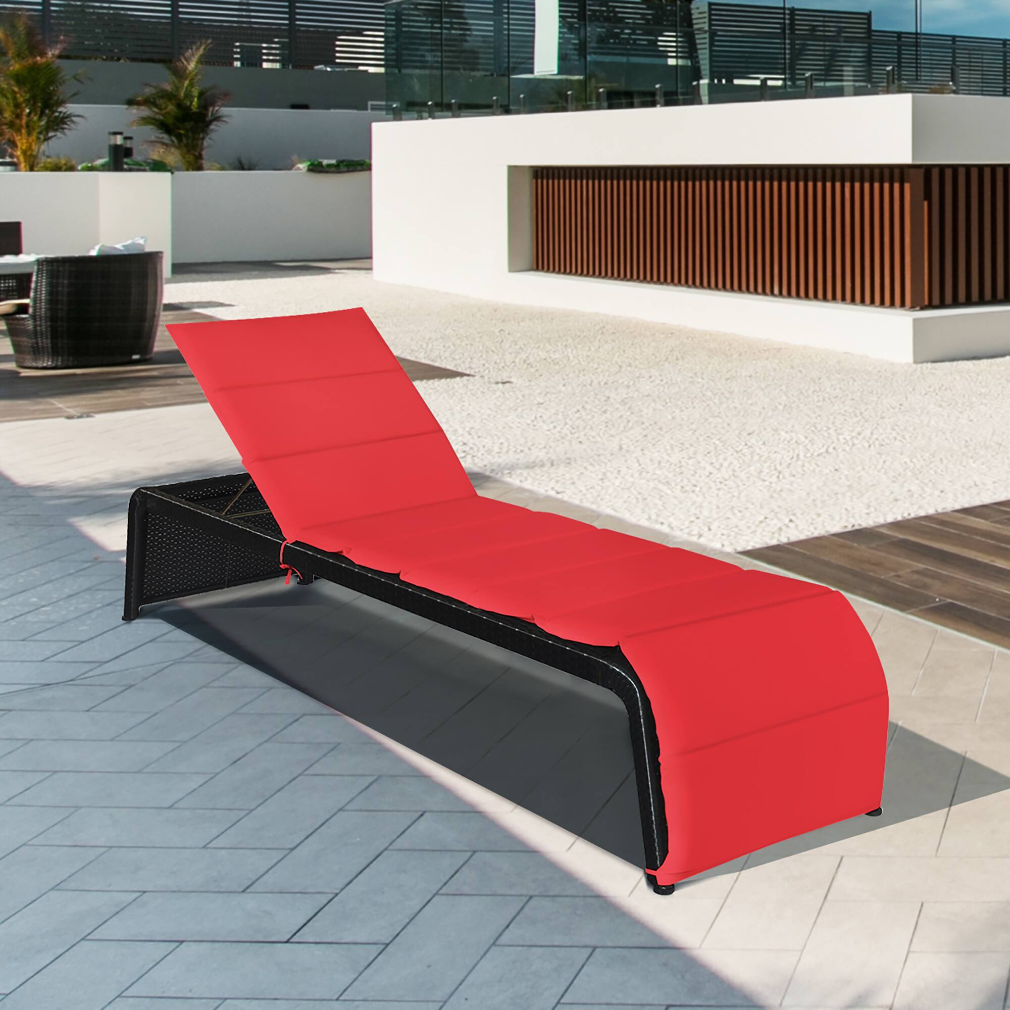 Alt View 3. Costway - Costway Patio Rattan Lounge Chair Chaise Recliner Back Adjustable Cushioned Garden - Red + Black.