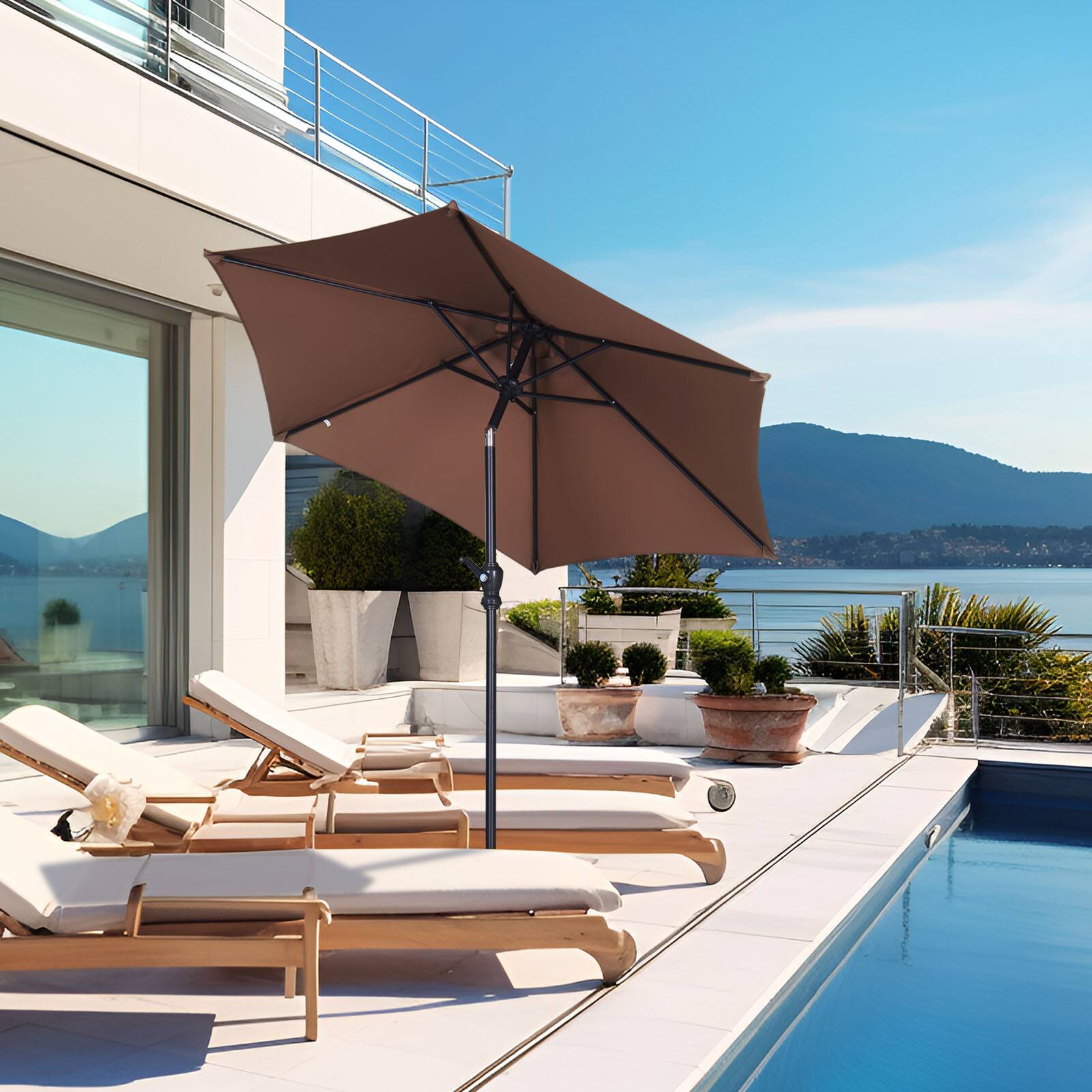 Alt View 3. Ainfox - Ainfox 7.5ft Patio Umbrella Outdoor Market Umbrella UV Protection Sturdy Frame W/Easy Crank - Coffee.