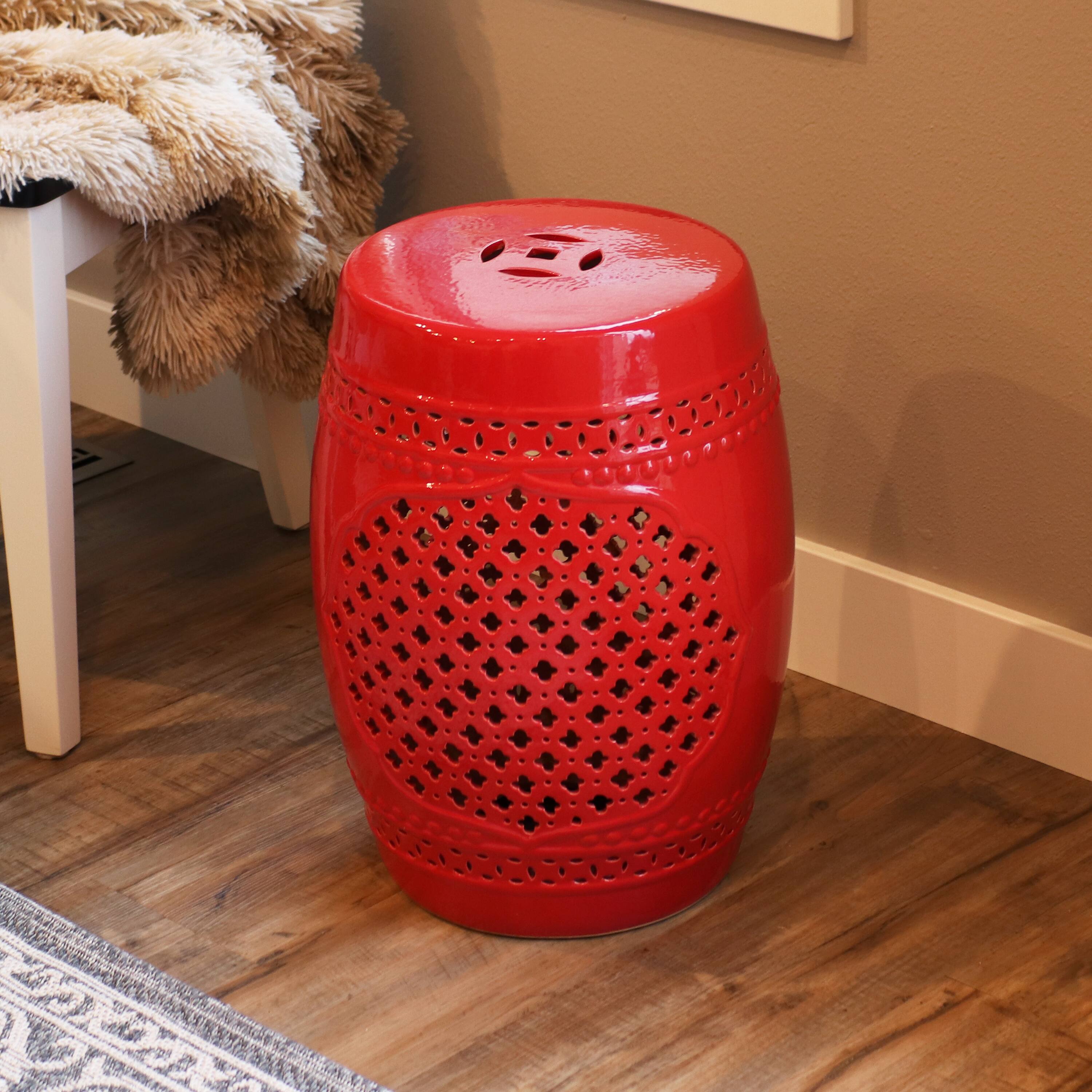 Alt View 3. Sunnydaze - 17.75 in Marrakesh Lattice Ceramic Glaze Garden Stool - Red.
