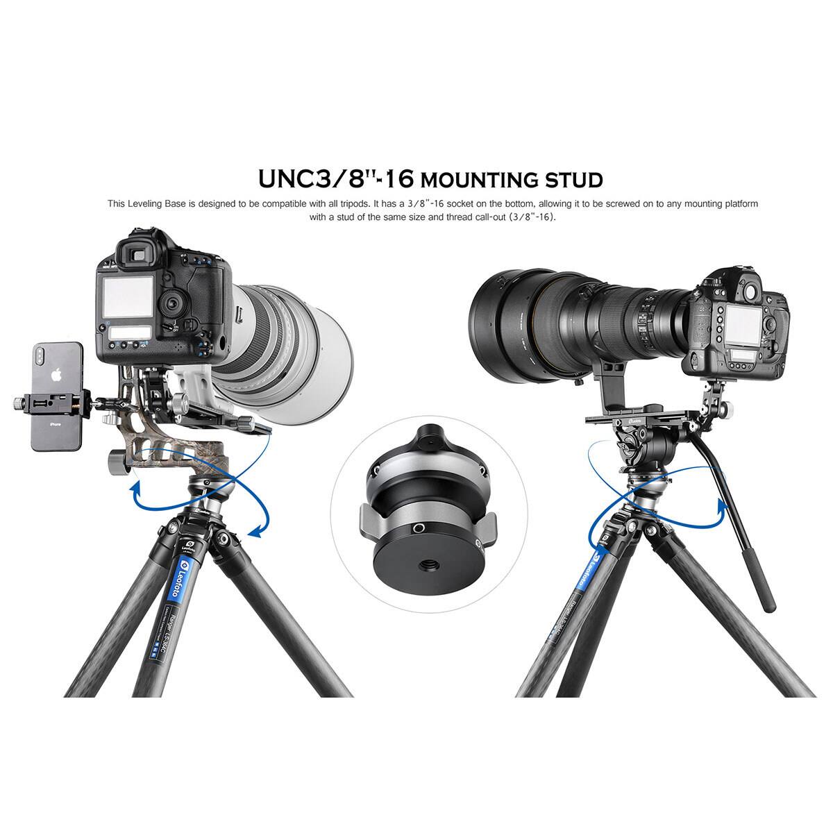 UNC3/8" 16 MOUNTING STUD

This Leveling Base is designed to be compatible with all tripods. It has a 3/8"-16 socket on the bottom, allowing it to be screwed on to any mounting platform with a stud of the same size and thread call-out (3/8"-16).

FUN
Leofoto Ranger LS-364C
