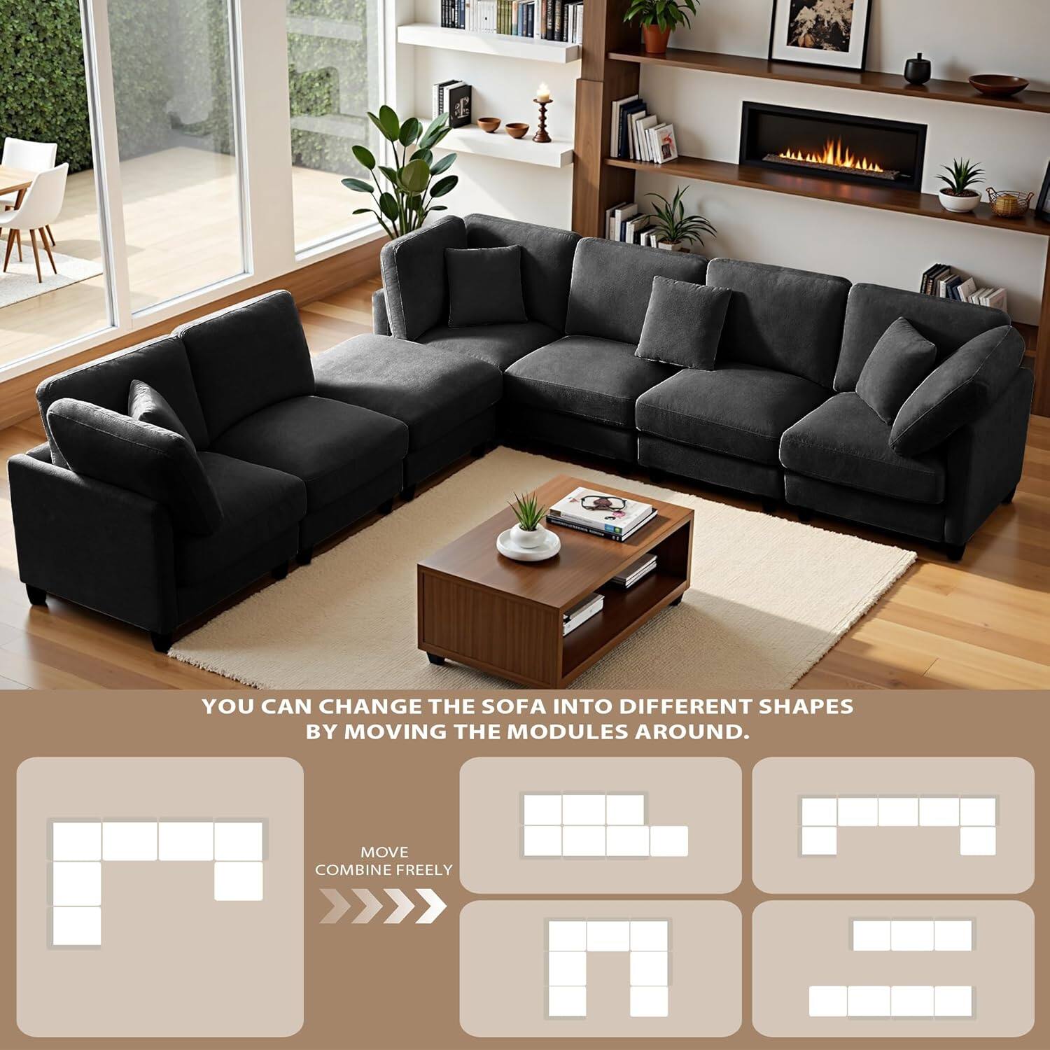You can change the sofa into different shapes by moving the modules around. Move combine freely.