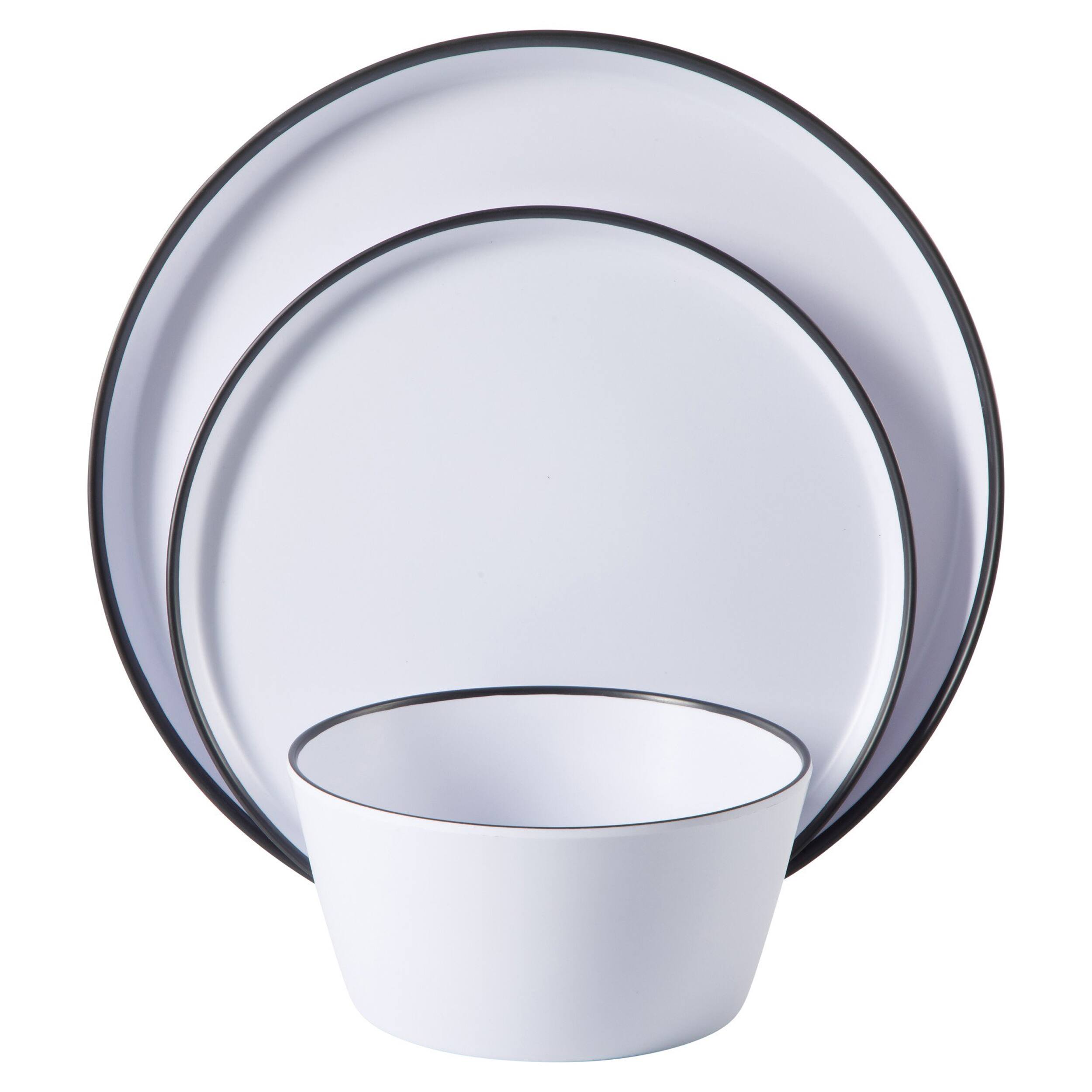 Alt View 1. Gibson - Gibson Home Folsom Shores 12 Piece Melamine Dinnerware Set in White w/ Black Rim - White and Black Rim.