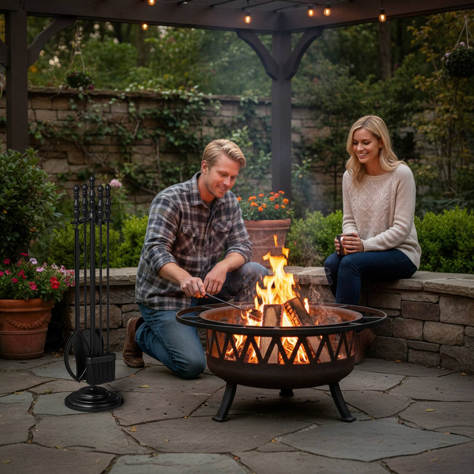 Alt View 9. Gymax - Gymax 5PCS Fireplace Tool Set w/ Poker Tongs Brush Shovel and Round Stand Black - Black.