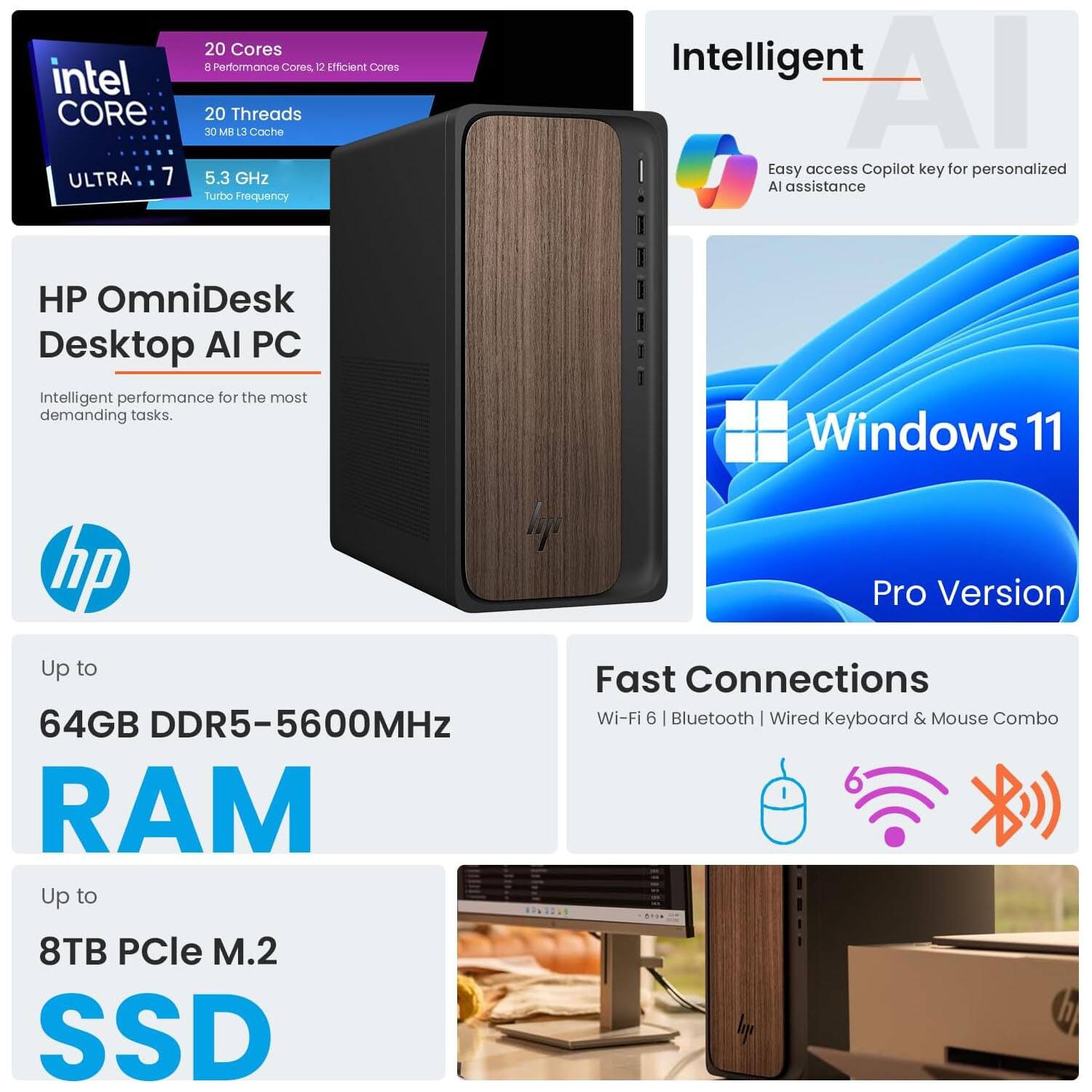 20 Cores (8 Performance Cores, 12 Efficient Cores)  
20 Threads  
30 MB L3 Cache  
Intel Core Ultra 7  
5.3 GHz Turbo Frequency  

HP OmniDesk Desktop AI PC  
Intelligent performance for the most demanding tasks.  

Up to 64GB DDR5-5600MHz RAM  
Up to 8TB PCIe M.2 SSD  

Windows 11 Pro Version  

Fast Connections: Wi-Fi 6 | Bluetooth | Wired Keyboard & Mouse Combo  

Intelligent AI Assistance  
Easy access Copilot key for personalized AI assistance
