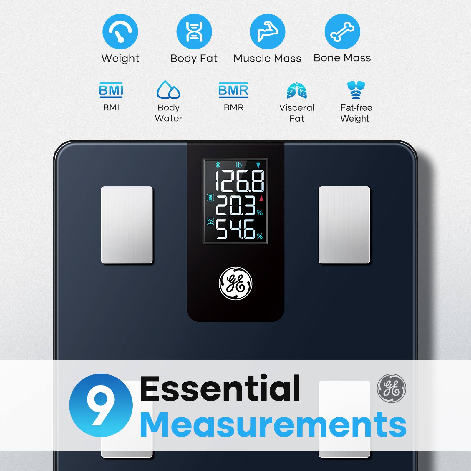 Weight, Body Fat, Muscle Mass, Bone Mass, BMI, Body Water, BMR, Visceral Fat, Fat-free Weight, 40 lb, 1268, 20.3%, 546, Essential GE 9 Measurements