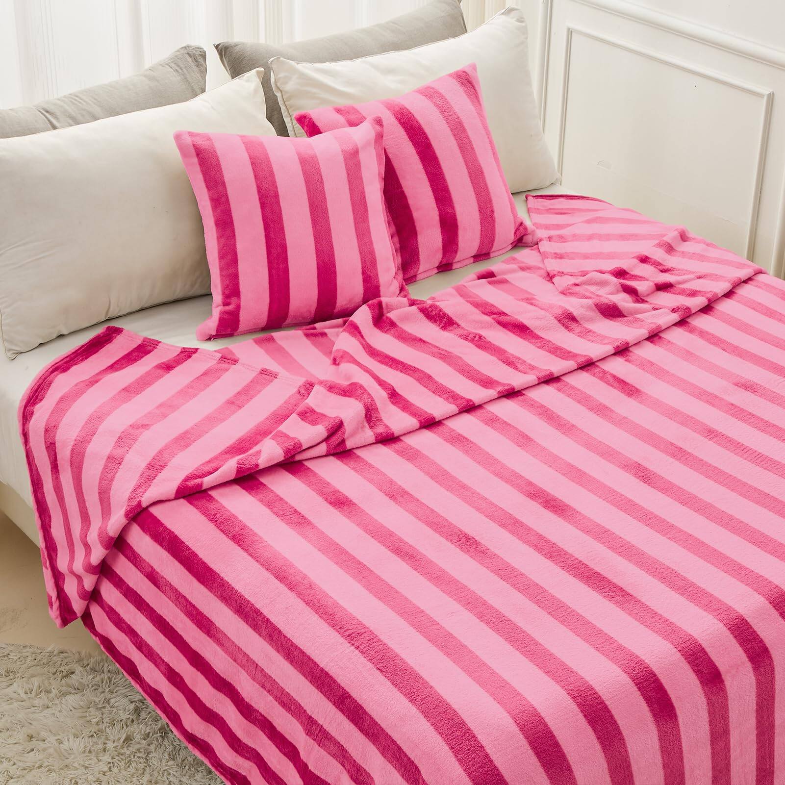 Alt View 4. NICHOLAS KLEIN - Striped Flannel Throw Blanket Soft Cozy For Couch Sofa Or Bed 50"x60" Hot All Season Use - Hot Pink 90"X108".