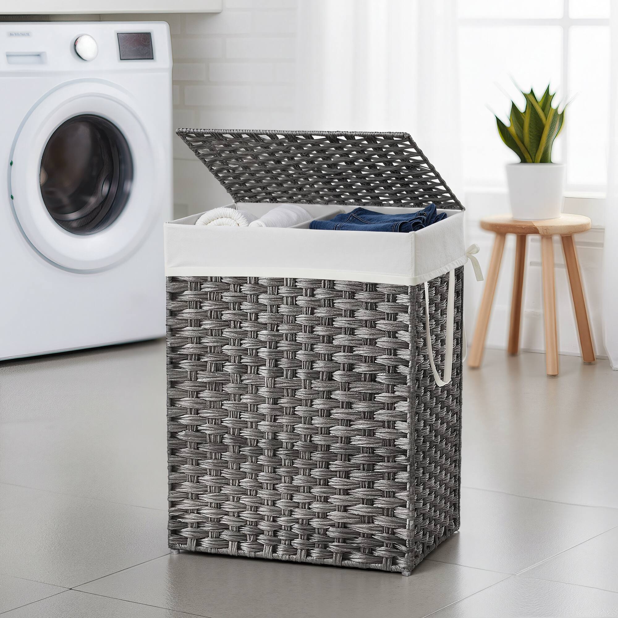 Left. Songmics Home - Laundry Hamper, 23.8 Gal. (90 L) Laundry Basket with Lid, Removable Bag with Handles, Handwoven Synthetic Rattan - Gray.