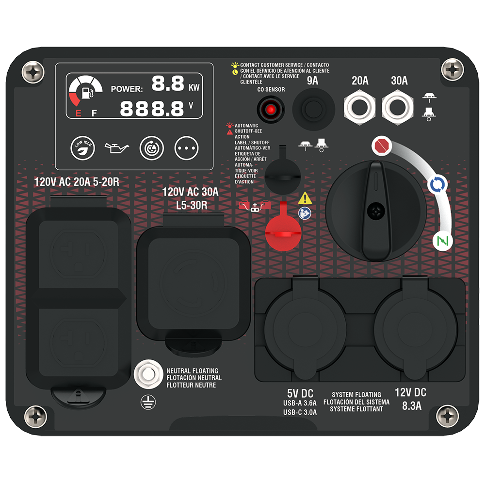 POWER: 8.8 KW  
888.8 V  
E F  

120V AC 20A 5-20R  
120V AC 30A L5-30R  

CONTACT CUSTOMER SERVICE / CONTACTO CON EL SERVICIO DE ATENCIÓN AL CLIENTE / CONTACT AVEC LE SERVICE CLIENTE  
9A  

CO SENSOR  
AUTOMATIC SHUTOFF - SEE ACTION LABEL / SHUTOFF AUTOMÁTICO - VER LA ETIQUETA DE ACCIÓN / ARRET AUTOMATIQUE - VOIR L'ACTION  

NEUTRAL FLOATING / FLOTACION NEUTRAL / FLOTTEUR NEUTRE  

5V DC USB-A 3.6A  
SYSTEM FLOATING / FLOTACIÓN DEL SISTEMA / SYSTÈME FLOTTANT  
12V DC USB-C 3.0A  

20A  
30A