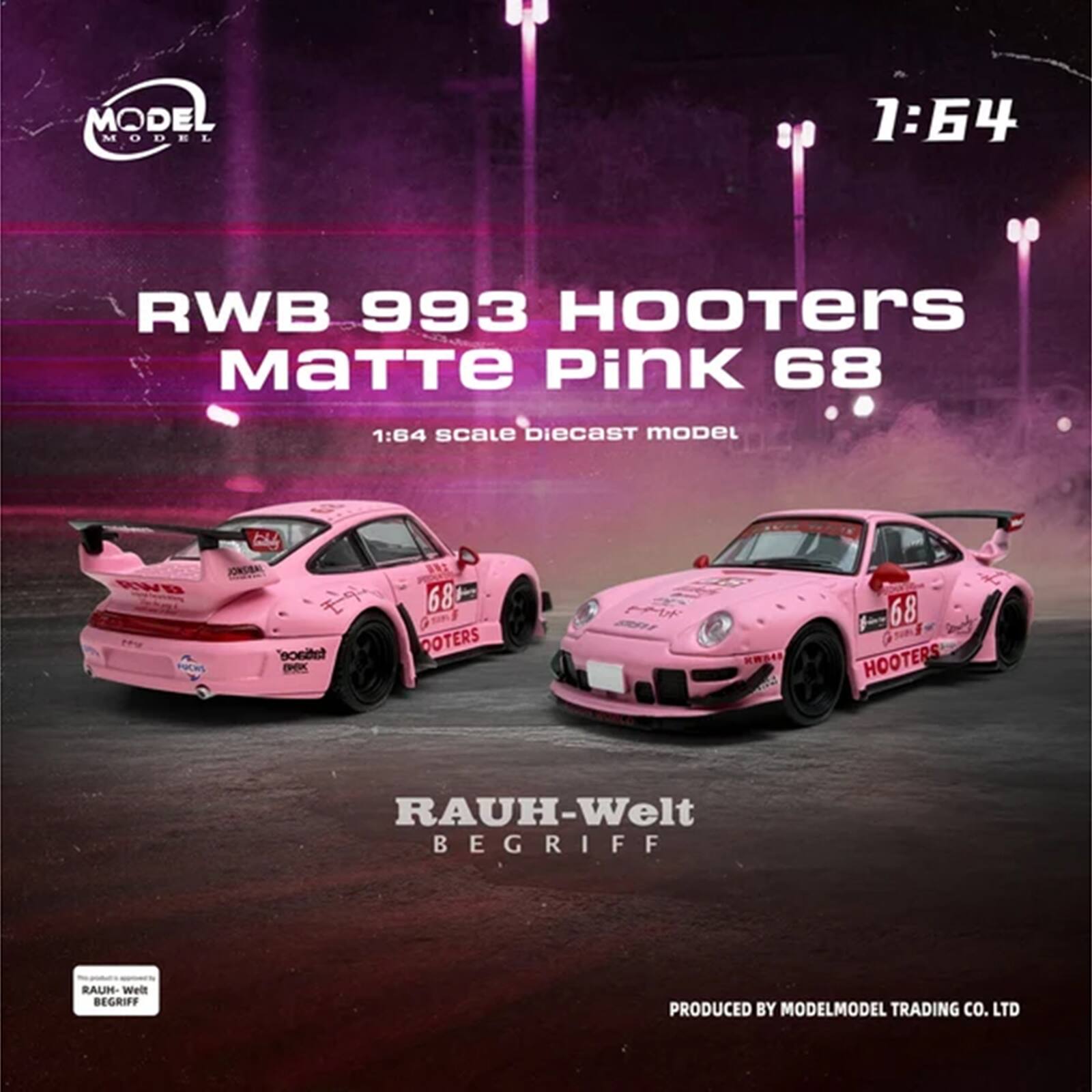 MODEL MODEL  
1:64  
RWB 993 HOOTERS Matte Pink 68  
1:64 scale Diecast model  
by  
JONSIDAI RW fatiace FUCHS BOX  
68 HOOTERS  
RAUH-Welt BEGRIFF  
PRODUCED BY MODELMODEL TRADING CO. LTD