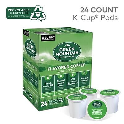 RECYCLABLE K-CUP® PODS  
24 COUNT  
KEURIG® K-Cup® Pods  

GREEN MOUNTAIN COFFEE ROASTERS  
FLAVORED COFFEE  
VARIETY PACK  

6 French Vanilla  
6 Vanilla Silk  
6 Caramel Cream  
6 Wild Blueberry  
6 Roasted Hazelnut  
6 French Vanilla  

GREEN MOUNTAIN COFFEE ROASTERS  
ROASTED HAZELNUT