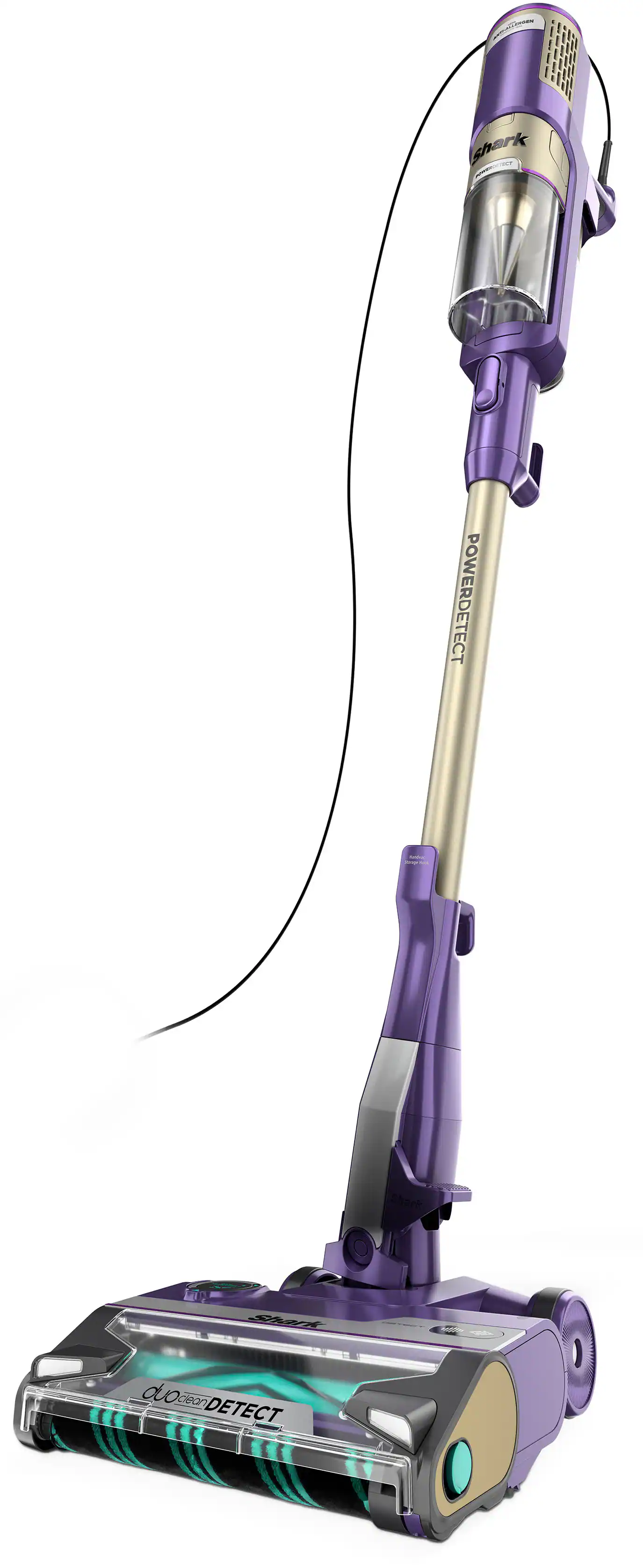 The image shows a purple Shark vacuum cleaner with a long hose and a blue and black striped brush. The vacuum is designed to detect dirt and debris, making it an efficient cleaning tool.