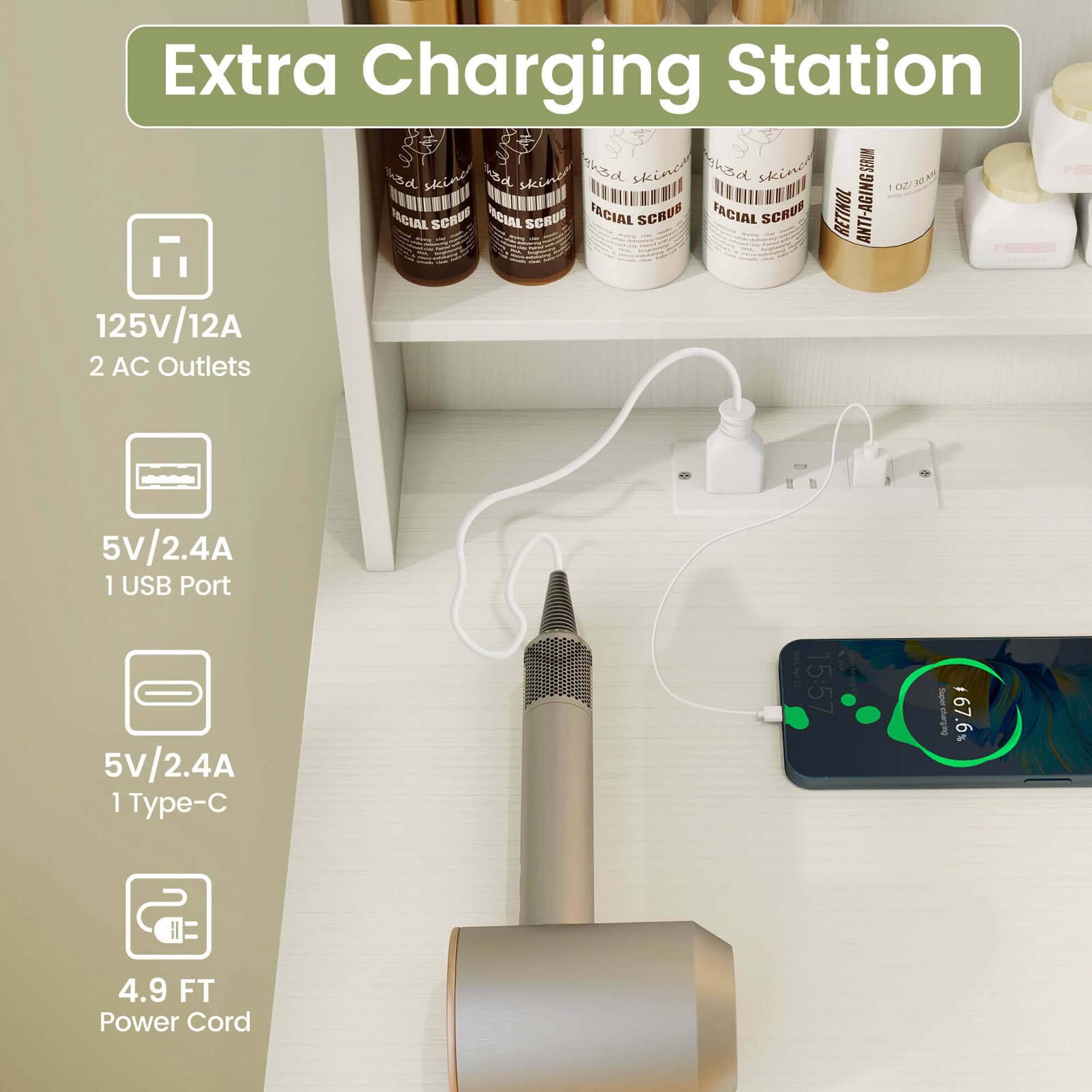 Extra Charging Station

- 125V/12A
- 2 AC Outlets
- 5V/2.4A
- 1 USB Port
- 5V/2.4A
- 1 Type-C
- 4.9 FT Power Cord