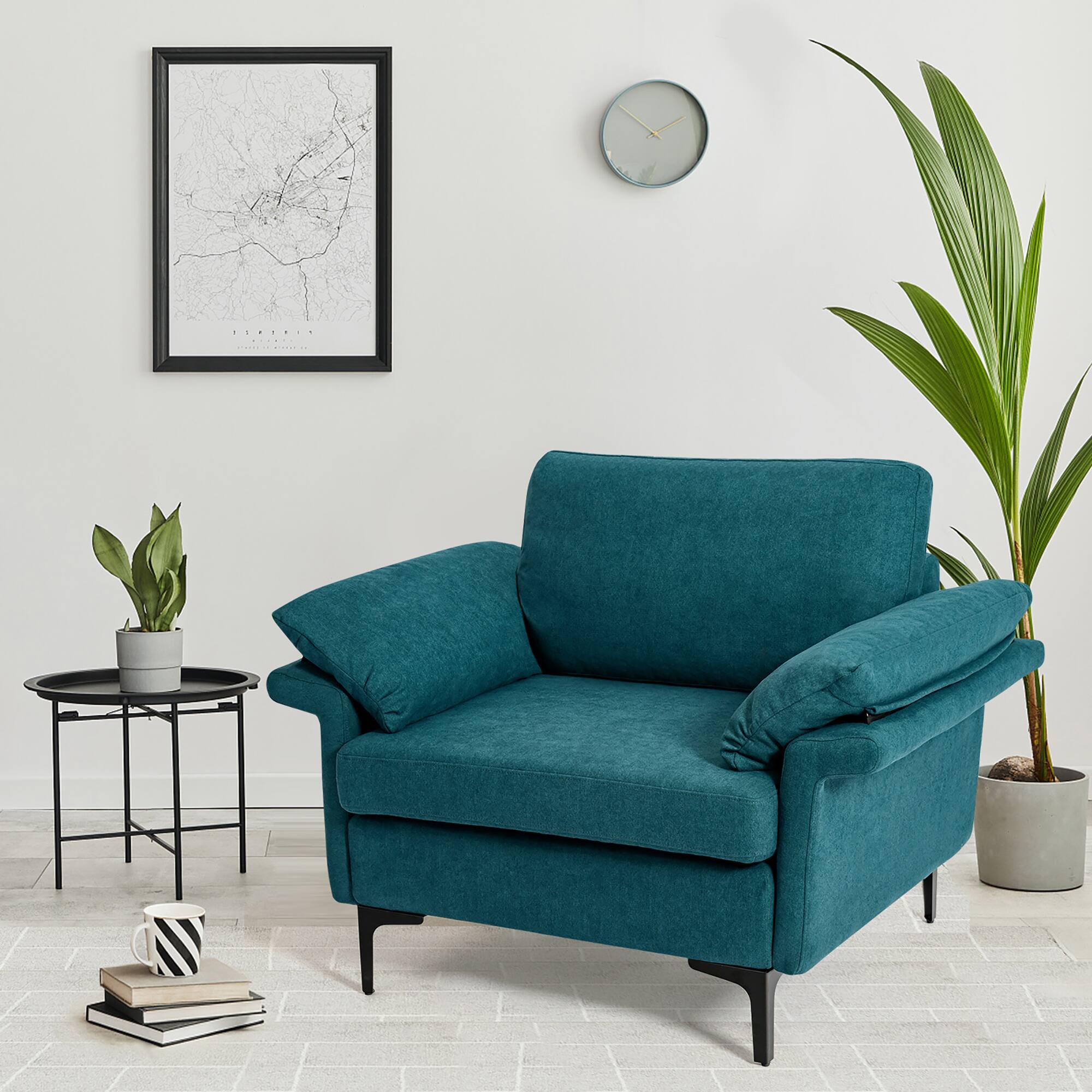 Left. Costway - Modern Fabric Accent Armchair Upholstered Single Sofa w/ Metal Legs - Peacock Blue.