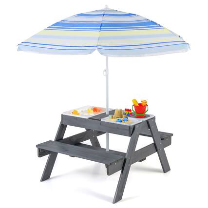 Front. Gymax - Gymax 4-in-1 Kids Picnic Table Set w/ 3 Removable Bins & Lids Foldable Umbrella - Grey, Blue.